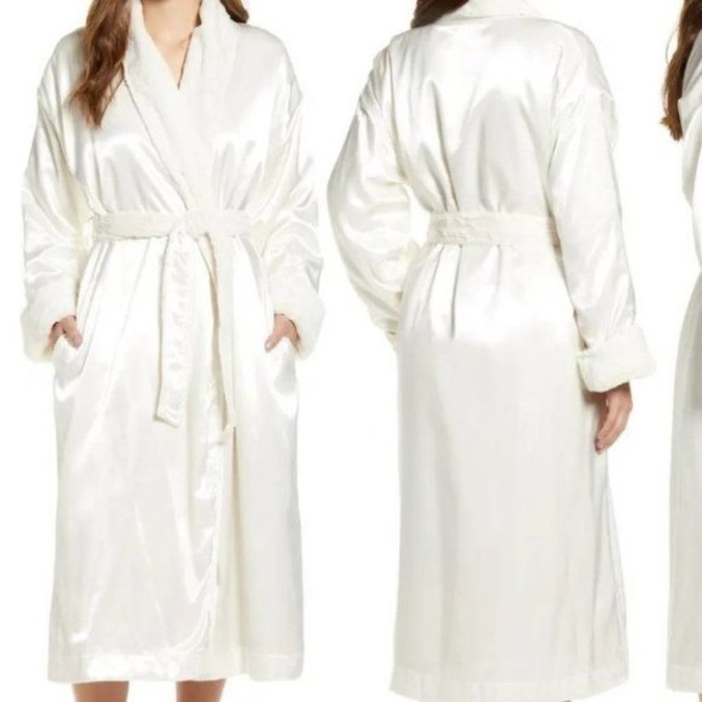 Giraffe At Home Faux Fur & Satin Robe In Cream Sz 0